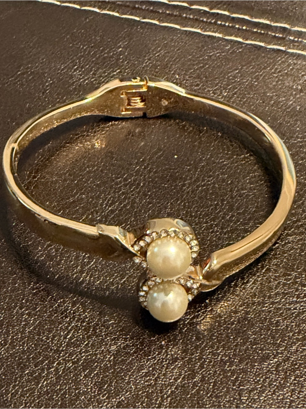 Gold Pearl & Crystal Hinged Bangle Bracelet